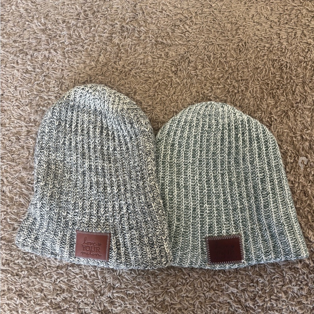 Love your Melon Cozy Knit Beanie Set - green + greyish black and White